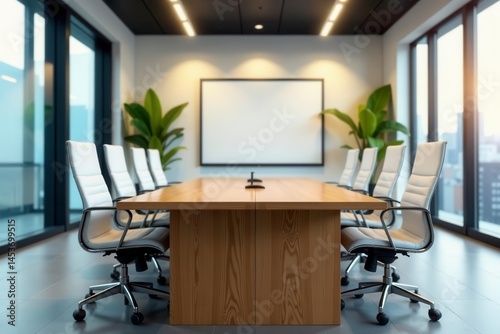 Bright open-plan office, wooden conference table, blurred background, large windows, view, workspace, interior