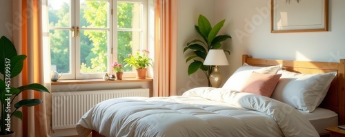 Bright room, abundant natural light, floral decor adorns window & bedside, white, sunny