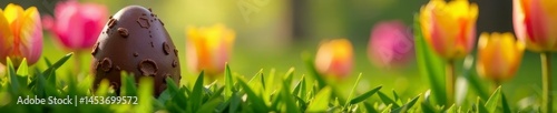 Chocolate eggs nestled in vibrant green grass near blooming tulips , delicious, green, nature