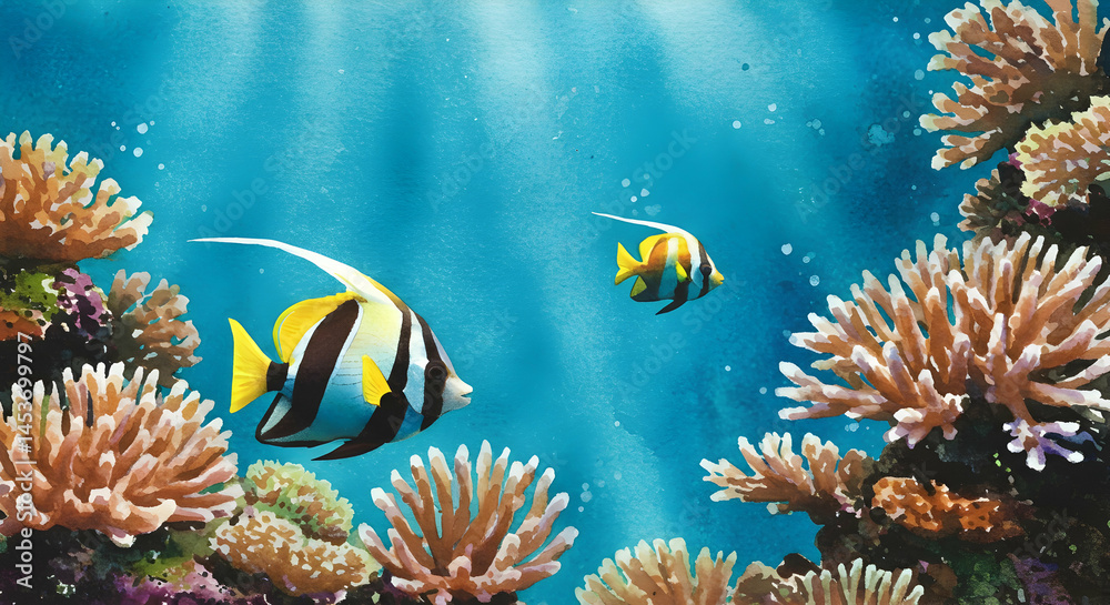 Naklejka premium Vibrant Underwater Scene with Coral and Colorful Fish Swimming