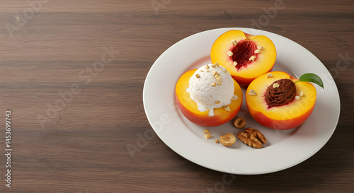 Fresh Peaches with Ice Cream and Nuts on Wooden Table Setting