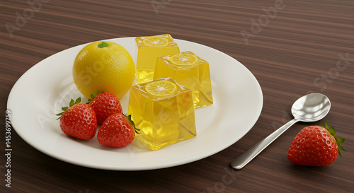 Refreshing Dessert with Lemon and Strawberry on White Plate