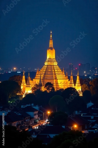 Doi Suthep temple at night, Chiang Mai's glittering skyline, Thailand, moon, grand