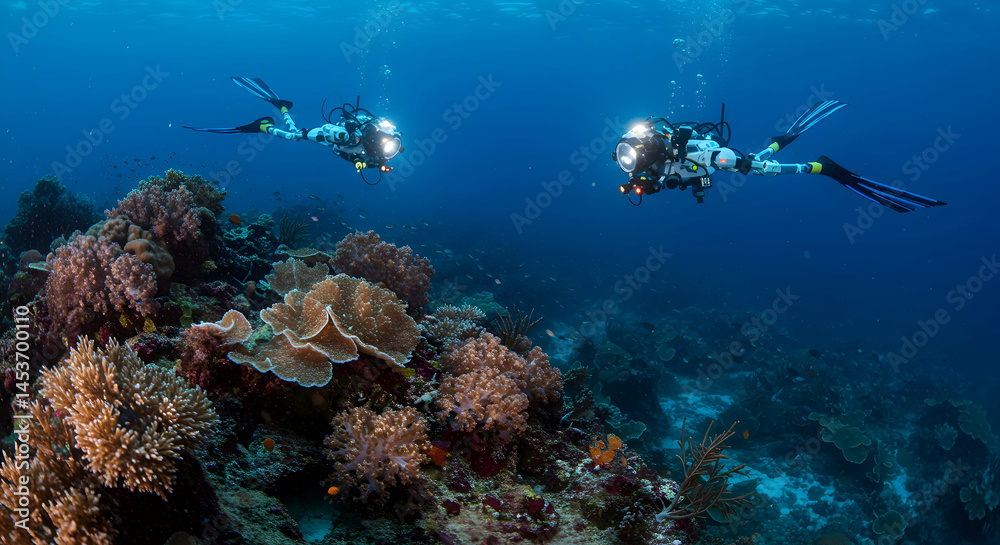 Fototapeta premium Two Divers Exploring Colorful Coral Reef Underwater Ecosystem