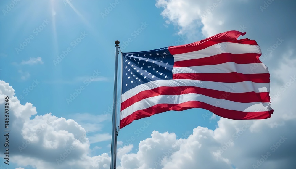 Obraz premium A vibrant image of the American flag, billowing in the wind against a clear blue sky dotted with fluffy white clouds.