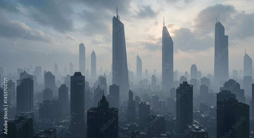 Modern Urban Skyline with Tall Buildings and Dramatic Cloudy Sky Modern Urban Skyline with Tall Buildings and Dramatic Cloudy Sky