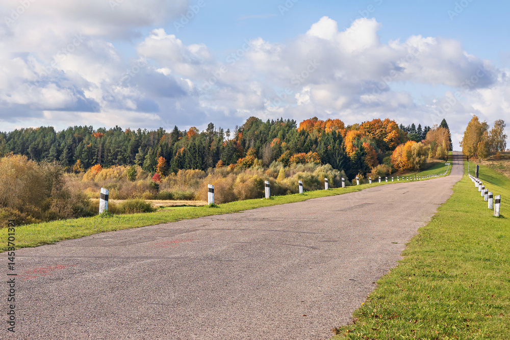 Fototapeta premium Autumn landscape along a winding road with trees in orange and green hues