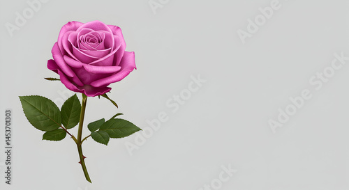 Beautiful Pink Rose Flower with Green Leaves on Gray Background
