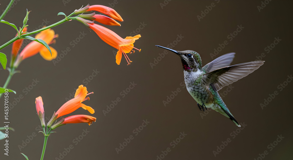 Fototapeta premium Hummingbird in Flight Near Vibrant Orange Flower Blooming