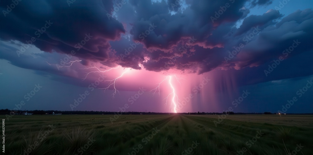 Dark clouds, intense lightning illuminating field, power, wild, wind Dark clouds, intense lightning illuminating field, power, wild, wind