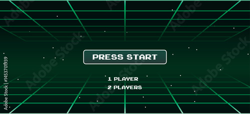 Press start button. Green 1980's vintage neon perspective grid, initial retro video game screen. Vector illustration