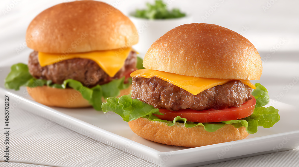 Two Mini Burgers with Cheese and Tomato on White Plate Two Mini Burgers with Cheese and Tomato on White Plate
