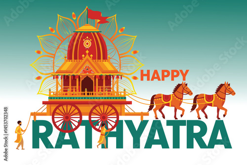 Rath Yatra Festival Vector – Colorful Lord Jagannath Chariot Illustration with Devotees and Horses .

