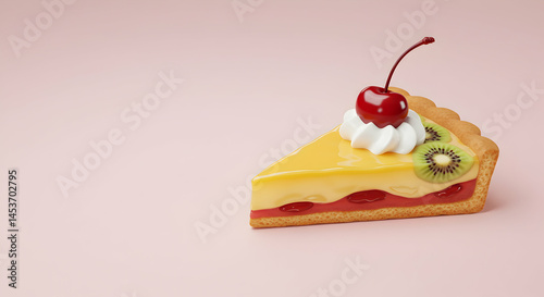 Fresh Citrus Pie Slice with Cherry and Kiwi on Soft Pink Background