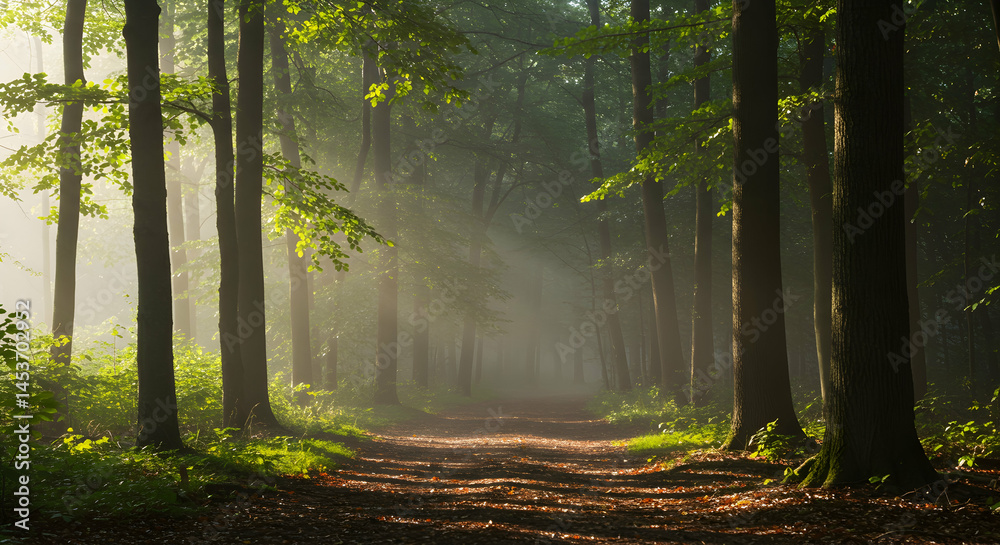 Obraz premium Serene Forest Path with Sunlight Through Trees in Early Morning