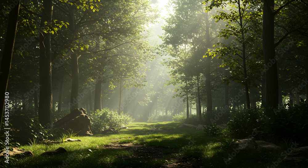 Obraz premium Serene Forest Path Lighted by Soft Sunlight Through Trees