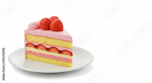 Delicious Slice of Strawberry Cream Cake with Fresh Berries on Top