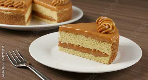Delicious caramel layered cake slice on white plate with fork