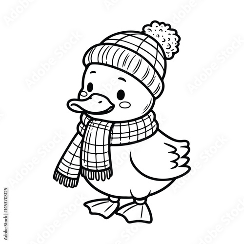 line art of cartoon duck with knit hat and scarf vector