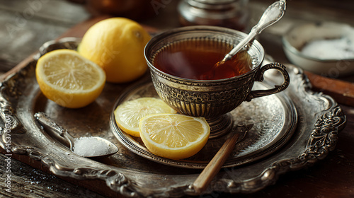 Vintage silver tea set with lemons and sugar on ornate tray for an elegant afternoon tea break