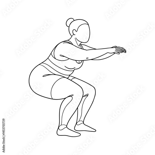 Vector illustration of a plus size woman performing fitness workout exercises with dumbbells promoting body positivity and healthy lifestyle in modern minimal line art style

