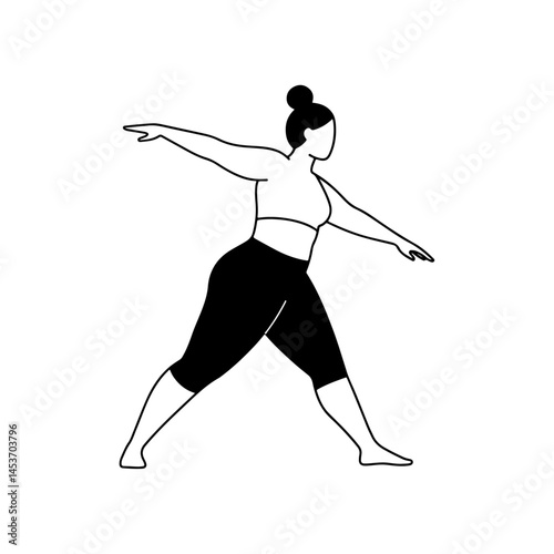 Minimal line art of curvy plus size woman doing yoga promoting mindfulness self care and inclusive body positive fitness lifestyle

