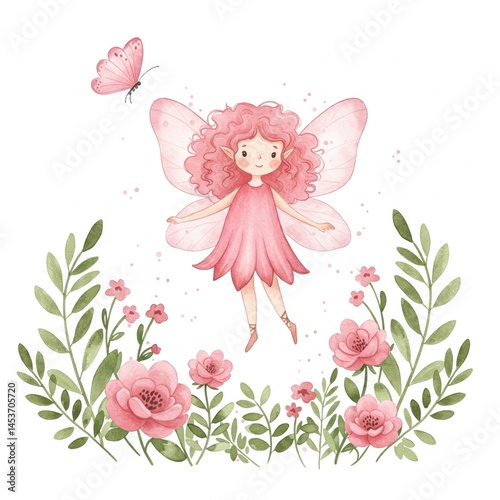 Fototapeta Naklejka Na Ścianę i Meble -  A cute pink fairy with curly hair hovers above pink flowers and greenery, with a butterfly nearby, in a whimsical watercolor illustration.