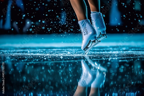 
Close-up photo of a female figure skater in white skates jumping on ice, with a reflection visible. 