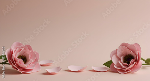 Elegant Pink Paper Flowers with Petals on Soft Beige Background