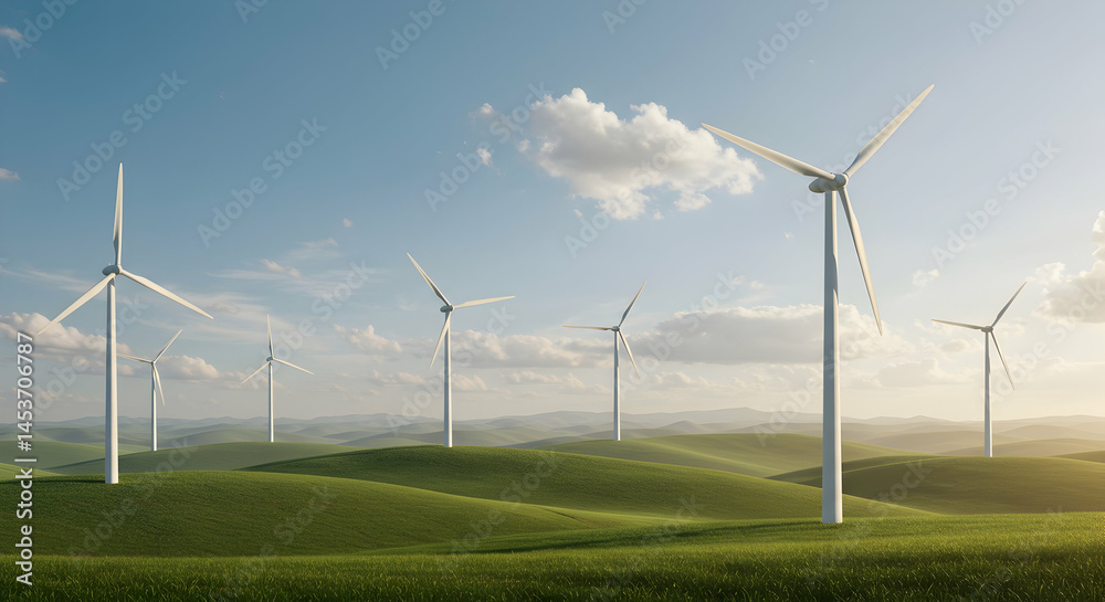Wind Turbines on Rolling Green Hills Under Blue Sky and Soft Clouds Wind Turbines on Rolling Green Hills Under Blue Sky and Soft Clouds