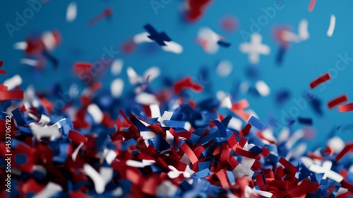 Vibrant red, white, and blue confetti dance through the air, echoing Fourth of July jubilance and Bastille Day revelry