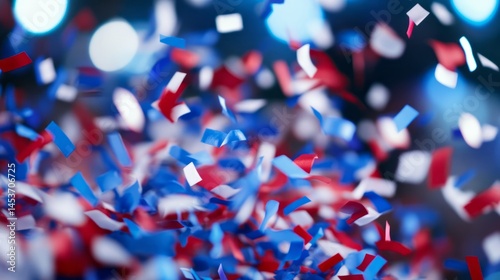 Red, white, and blue confetti dance mid-air spotlighting festive jubilation, mirroring Bastille Day parades and Fourth of July celebrations