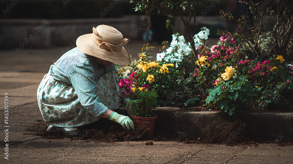 Obraz premium Elderly woman gardening with colorful flowers in a peaceful garden setting wearing a large hat
