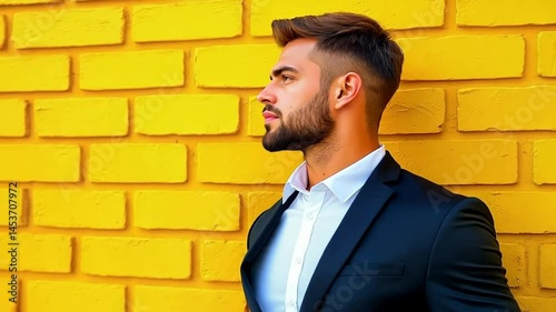A man in a suit standing in front of a yellow brick wall