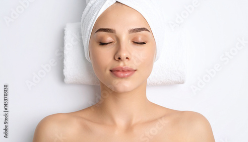 Una mujer relajada con una toalla blanca en la cabeza en un salon de belleza recibiendo un tratamiento de cuidado de la piel de la cara y cuello con los ojos cerrados