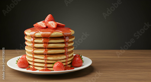 Delicious Stack of Pancakes Topped with Strawberries and Syrup