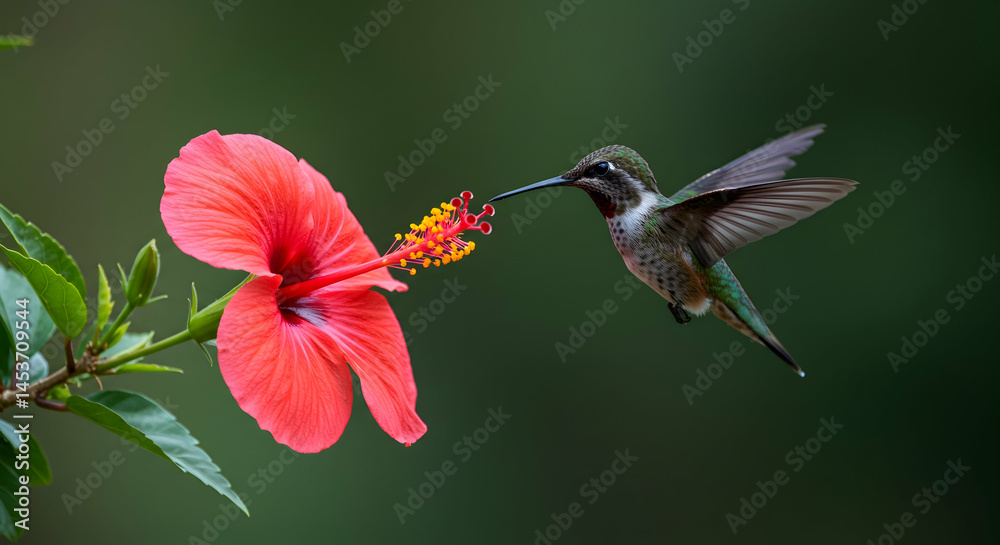 Naklejka premium Hummingbird Hovering Near Vibrant Red Hibiscus Flower in Nature
