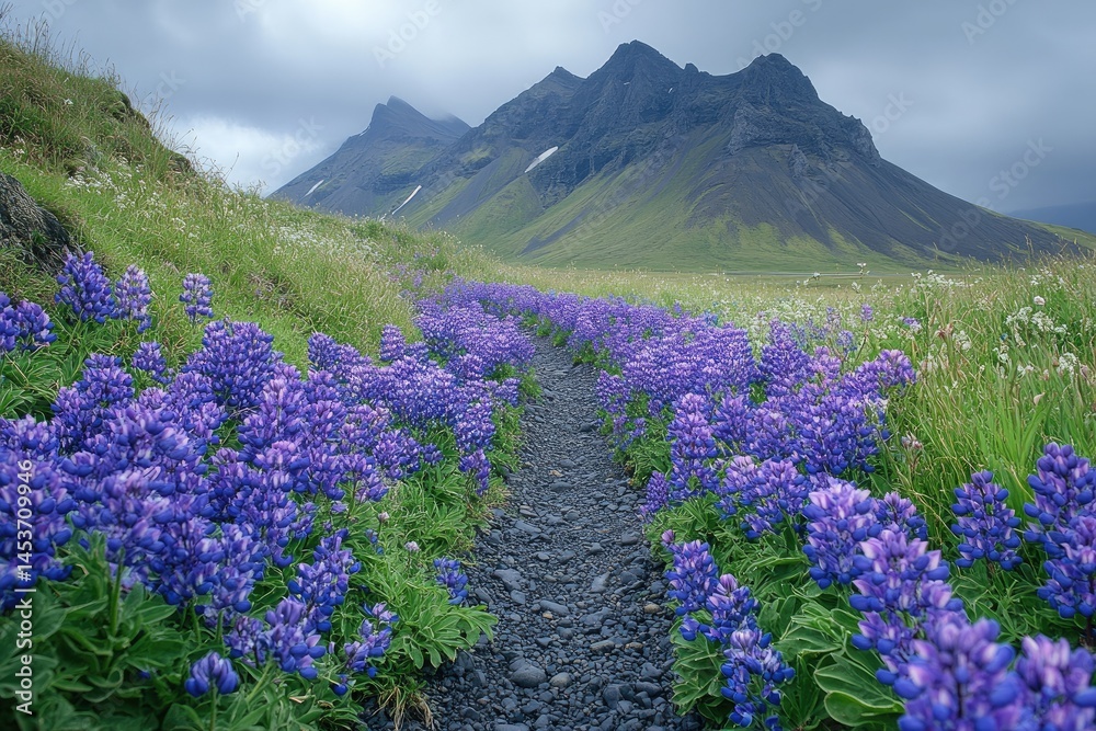 Obraz premium Lush purple wildflowers lining a pathway through a grassy mountain valley.