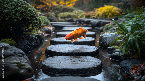 Koi fish above stepping stones in tranquil pond scene photo