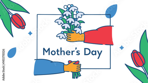 Mother's Day card design, minimalist illustration, blue forget-me-not flowers, red tulips, hands holding bouquet, 