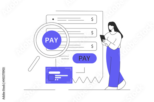 Financial management. Characters paying credit, mortgage, taxes and household invoice bills. Personal finances. Flat Cartoon Vector Illustration, icon. Stylish abstract design landing page