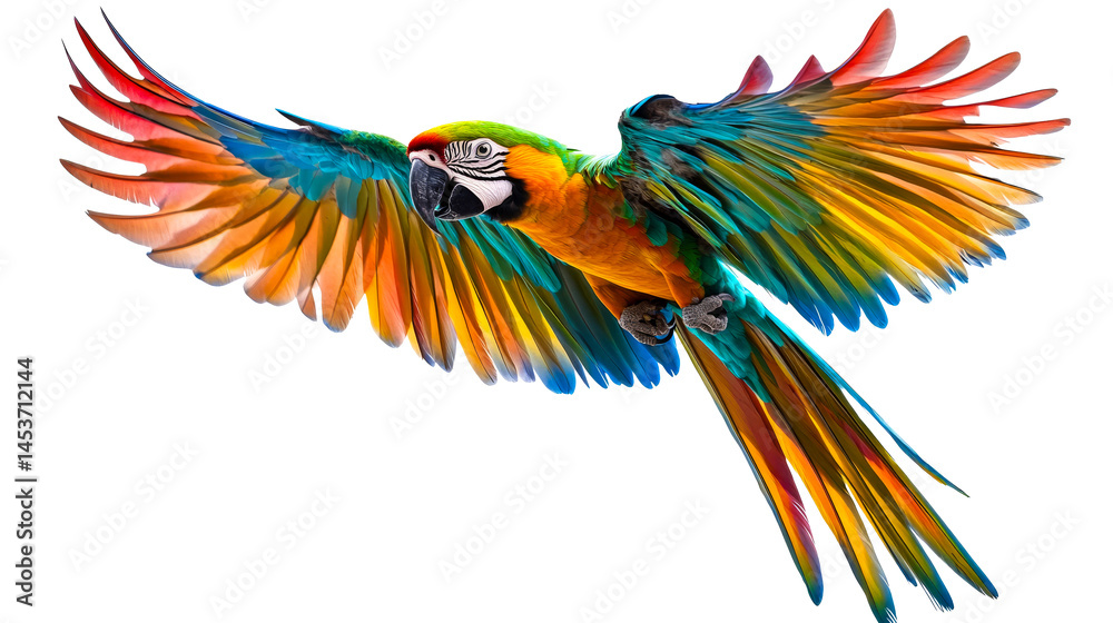 Fototapeta premium Vibrant macaw parrot mid-flight, wings spread wide, cut out transparent