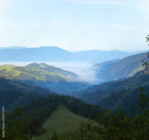 The Misty Carpathian mountain range in the morning. photo