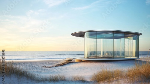 Modern glass pavilion on a beach at sunset.  A tranquil, secluded, architectural structure, showcasing clean lines and panoramic ocean views.  