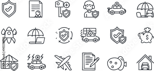 Insurance Editable Stroke Outline Icons Set Isolated on White Background - Flat Vector Illustration.