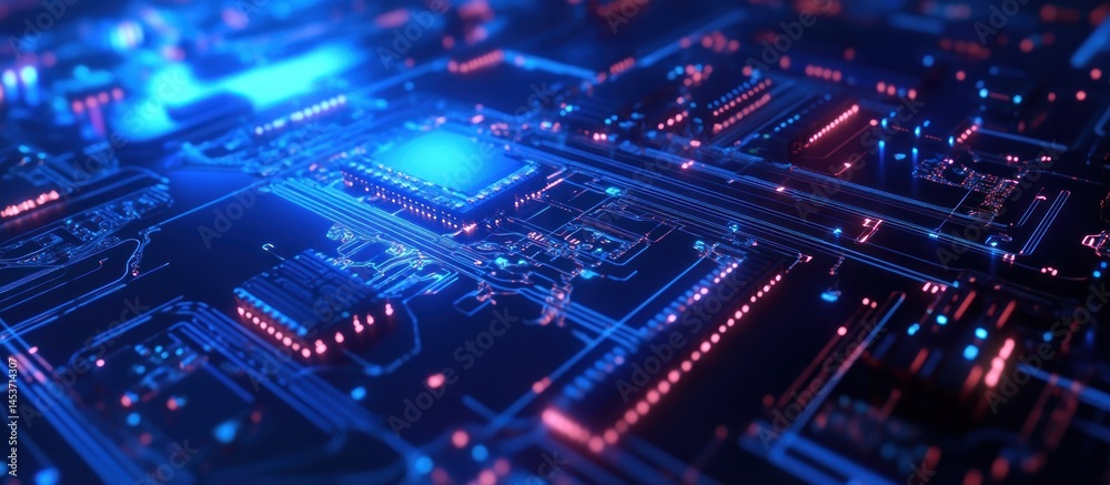 Abstract Circuit Board: Glowing Neon Blue and Red Digital Technology Abstract Circuit Board: Glowing Neon Blue and Red Digital Technology