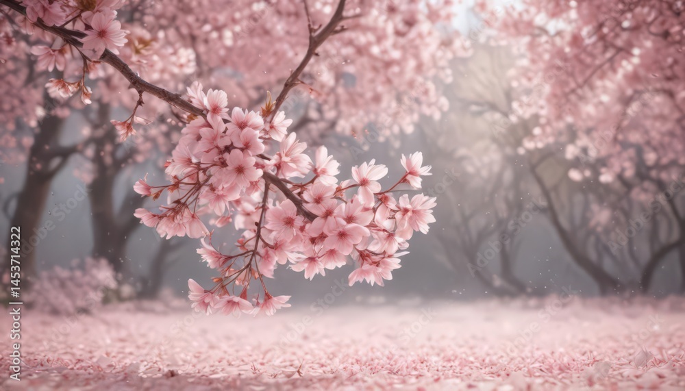 Fototapeta premium Soft pink sakura petals gently descend, creating a dreamy spring scene , sakura, bloom, peaceful
