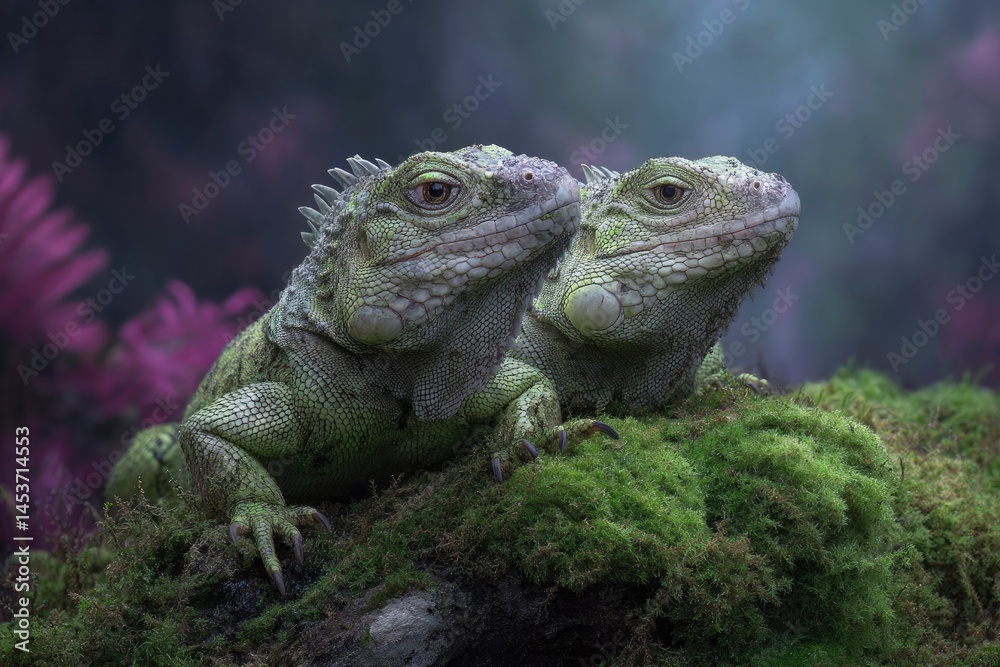 Two Green Iguanas Resting on Moss Two Green Iguanas Resting on Moss