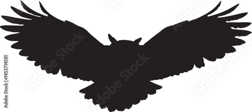 Horned Owl silhouette in flight. Represents wisdom, mystery, and nocturnal nature. Adobe Illustrator Artwork