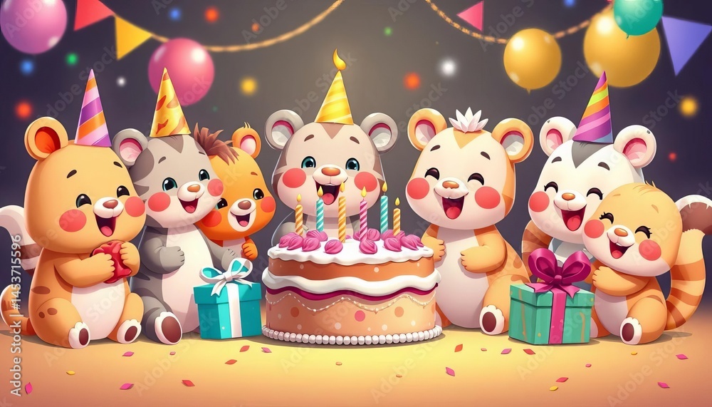 Adorable cartoon animals celebrating a birthday with cake and gifts, cartoon, colorful Adorable cartoon animals celebrating a birthday with cake and gifts, cartoon, colorful